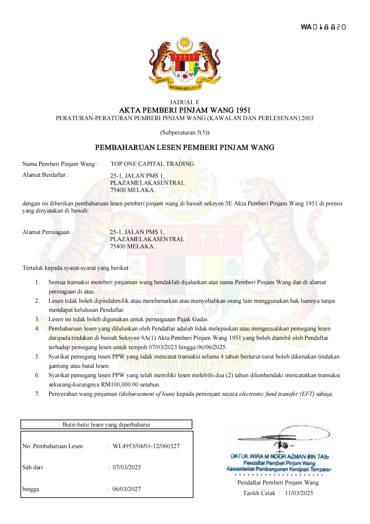 LISENCE TOP ONE CAPITAL TRADING 2026
